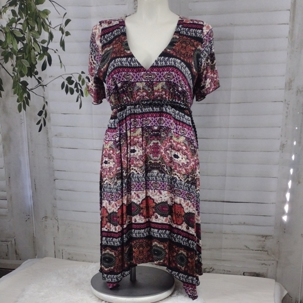 Maurices Pink and Purple Sundress with Flutter Sleeves and Asymmetrical Hem, 2XL